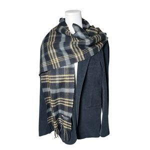 100% Cashmere Plaid Scarf Black Gray‎ Tan Made in Scotland Fringe